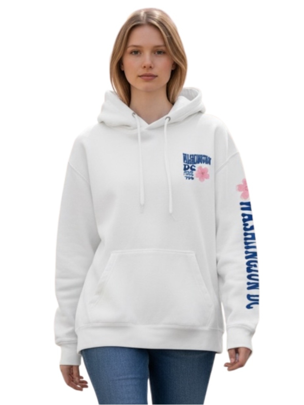 Stylish White Hoodie with Pink and Blue Details